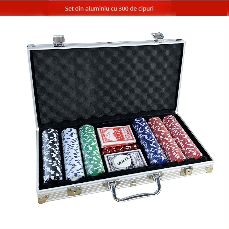 Set de chipuri pentru poker Texas Hold'em cu zaruri, husă din aluminiu cu lacăt, 100/200/300/500 chipuri