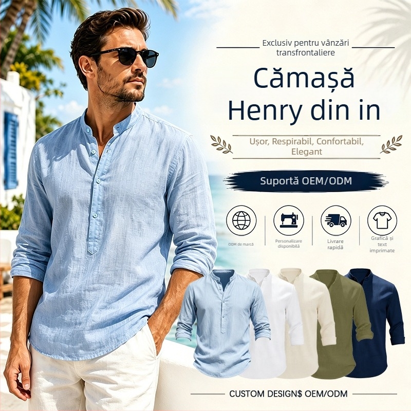 Cămașă de bărbați din in, cu guler înalt, mâneci lungi, culoare solidă, mărimi mari, potrivită zilnic