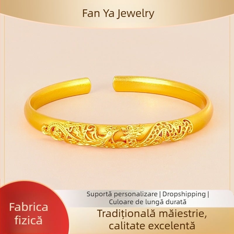 Brățară din alamă vietnameză cu placare aurie, stil antic, model dragon și phoenix, accesoriu feminin