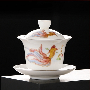 Porțelan Dehua alb de înaltă calitate, 140 ml, set de ceai cu capac, trei piese, decor auriu, stil chinezesc