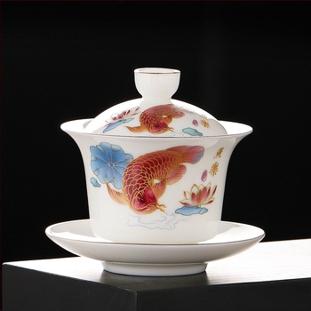 Porțelan Dehua alb de înaltă calitate, 140 ml, set de ceai cu capac, trei piese, decor auriu, stil chinezesc