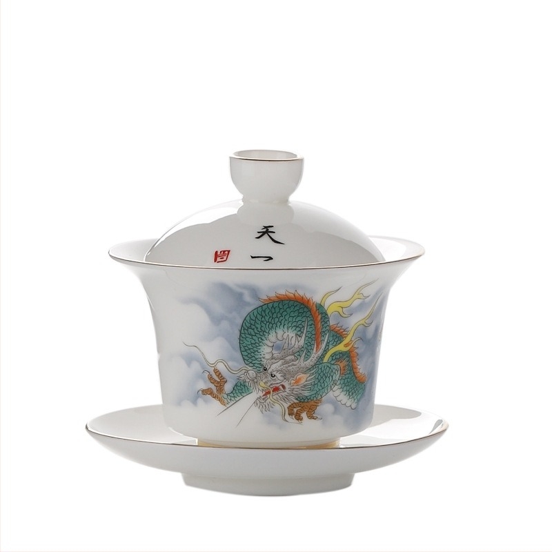 Porțelan Dehua alb de înaltă calitate, 140 ml, set de ceai cu capac, trei piese, decor auriu, stil chinezesc