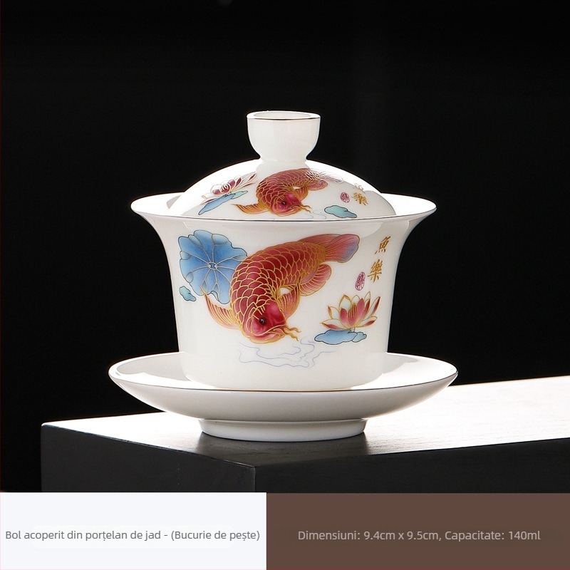 Porțelan Dehua alb de înaltă calitate, 140 ml, set de ceai cu capac, trei piese, decor auriu, stil chinezesc