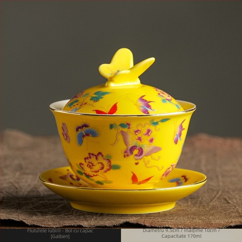 Vas de ceai cu capac emailat, alb-roz, design fluture retro, ceramică de înaltă calitate stil chinezesc