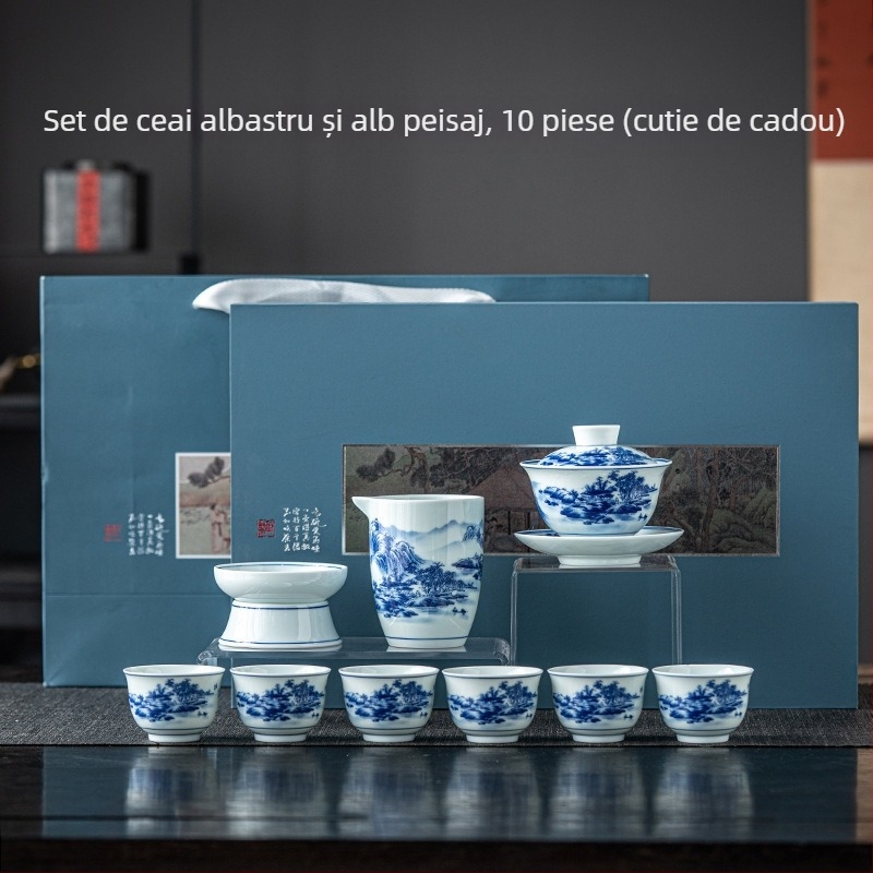 Set ceai Dehua vintage albastru și alb - ceainic din ceramică, gaiwan și cești într-o cutie cadou