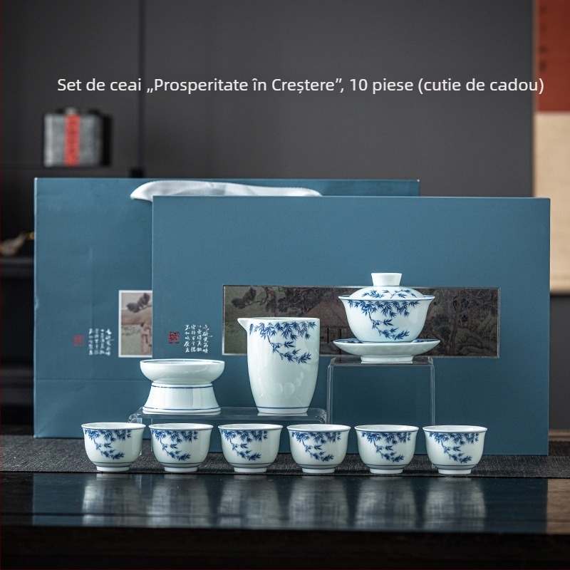 Set ceai Dehua vintage albastru și alb - ceainic din ceramică, gaiwan și cești într-o cutie cadou