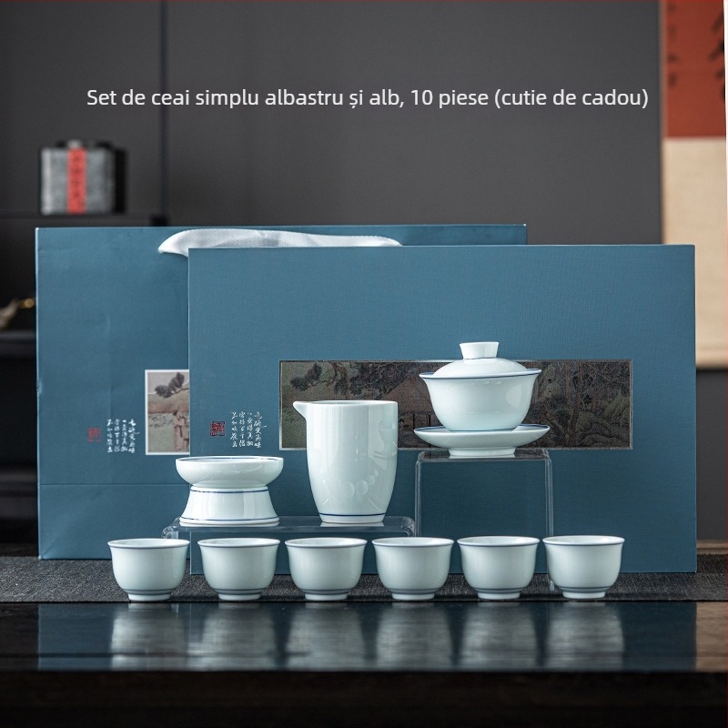 Set ceai Dehua vintage albastru și alb - ceainic din ceramică, gaiwan și cești într-o cutie cadou