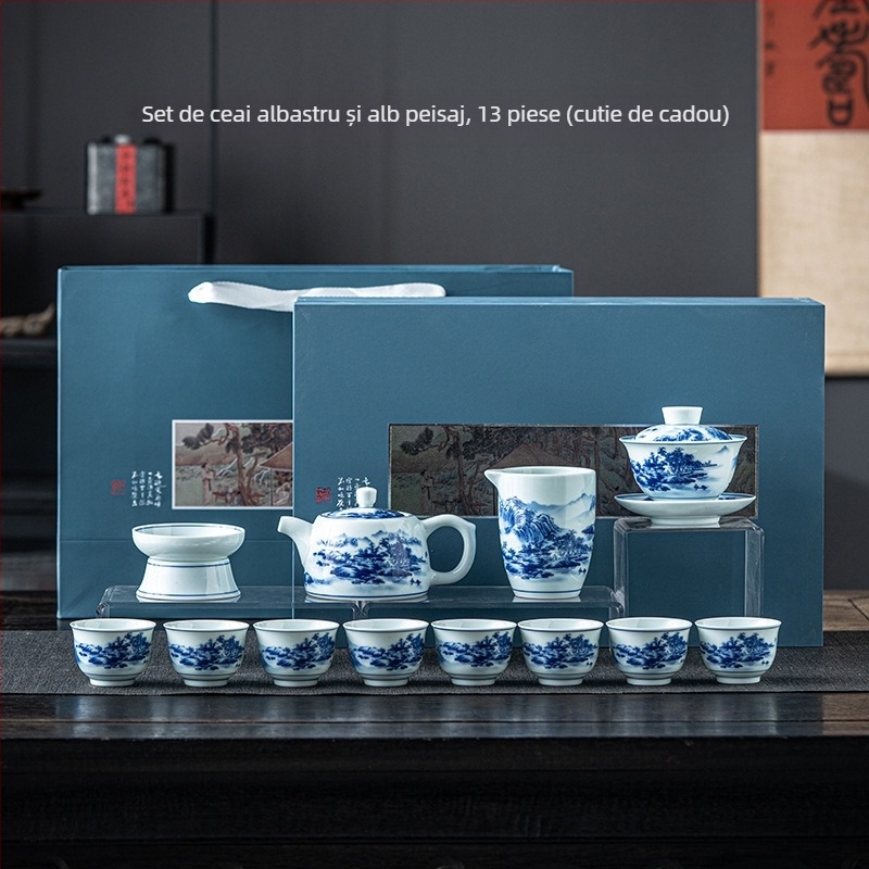 Set ceai Dehua vintage albastru și alb - ceainic din ceramică, gaiwan și cești într-o cutie cadou