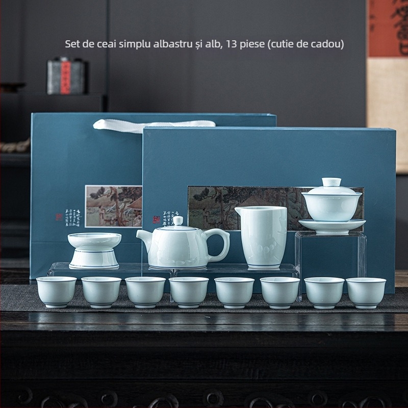 Set ceai Dehua vintage albastru și alb - ceainic din ceramică, gaiwan și cești într-o cutie cadou