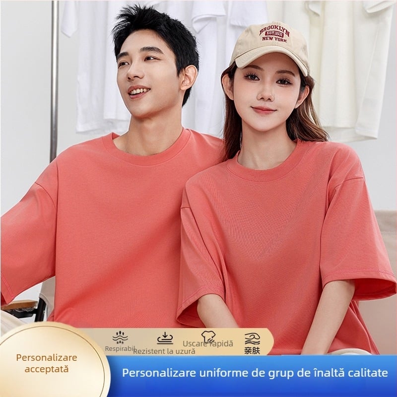 Tricou din bumbac 100% cu mânecă scurtă, guler rotund, logo personalizat (imprimare) și broderie