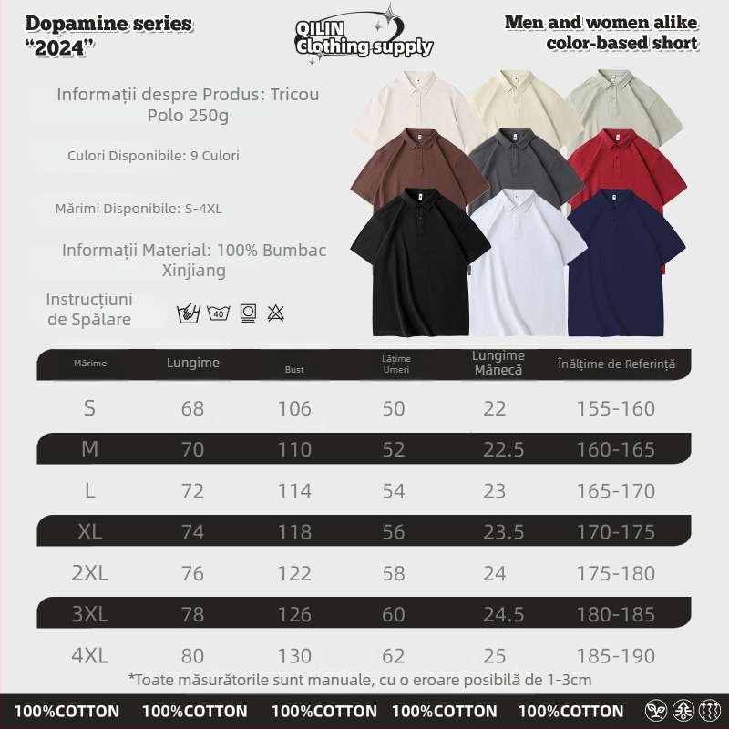Tricou polo unisex din bumbac gros 250 g, croială lejeră, umăr căzut, culoare solidă, guler polo, mâneci scurte, mărime plus