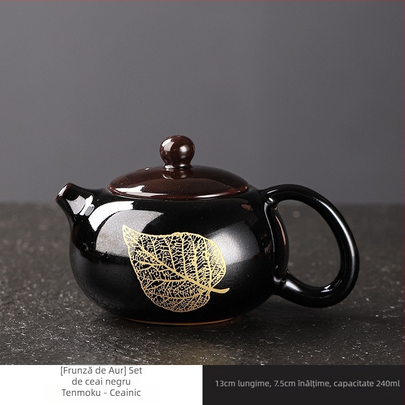 Ceainic ceramic negru Tianmu, cu motiv frunză de lemn, set de ceai și ceașcă