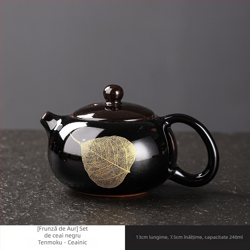 Ceainic ceramic negru Tianmu, cu motiv frunză de lemn, set de ceai și ceașcă