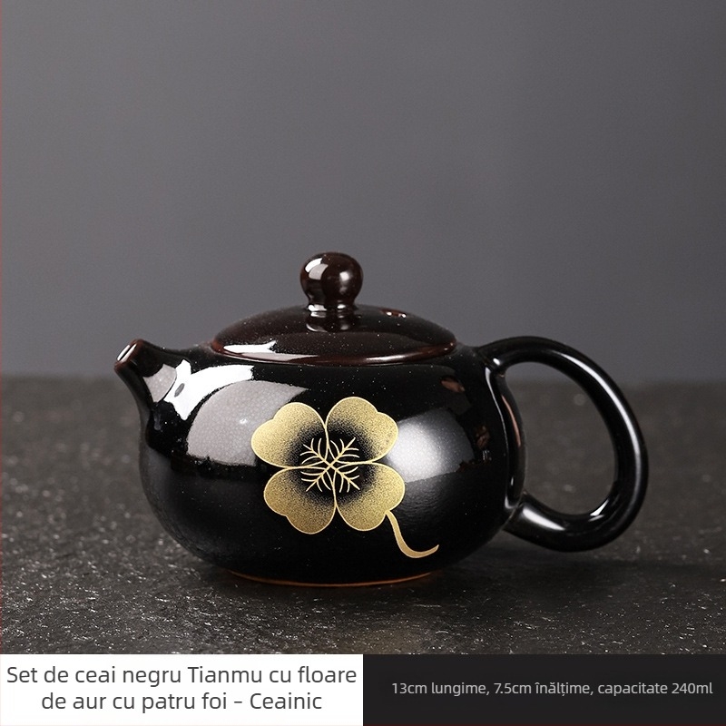 Ceainic ceramic negru Tianmu, cu motiv frunză de lemn, set de ceai și ceașcă