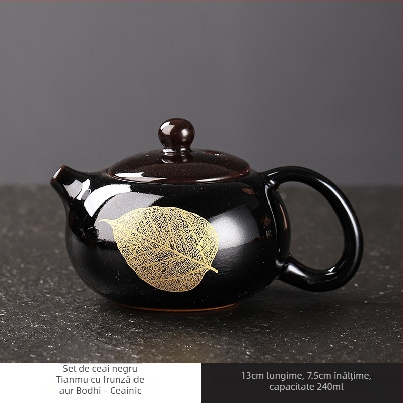Ceainic ceramic negru Tianmu, cu motiv frunză de lemn, set de ceai și ceașcă