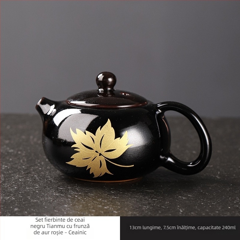Ceainic ceramic negru Tianmu, cu motiv frunză de lemn, set de ceai și ceașcă