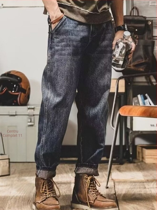 Jeansi americani grei, retro pentru bărbați, croială dreptă, denim casual, inspirație coreeană, croială harém durabilă.