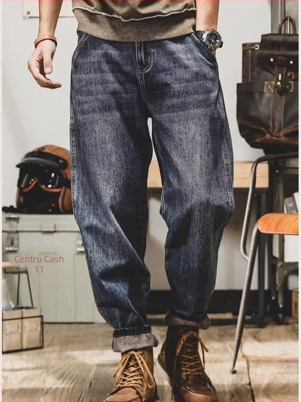 Jeansi americani grei, retro pentru bărbați, croială dreptă, denim casual, inspirație coreeană, croială harém durabilă.