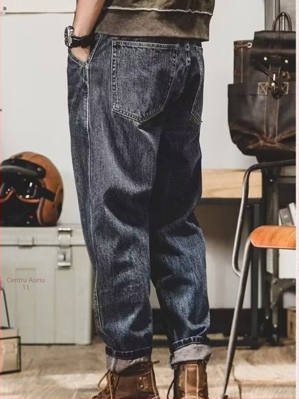 Jeansi americani grei, retro pentru bărbați, croială dreptă, denim casual, inspirație coreeană, croială harém durabilă.
