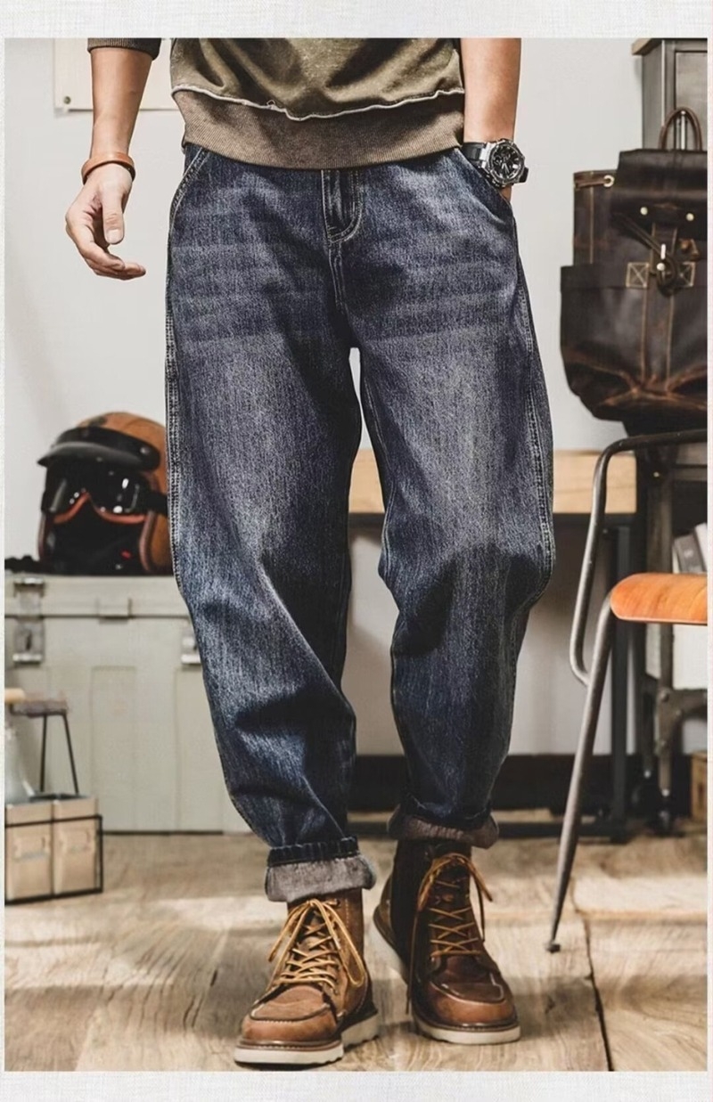 Jeansi americani grei, retro pentru bărbați, croială dreptă, denim casual, inspirație coreeană, croială harém durabilă.
