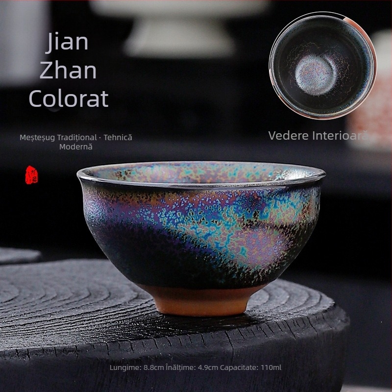 Ceainic Jian Zhan cu glazură multicoloră de paun și placare cu aur, ceramică lucrată manual, pentru uz personal, cadou