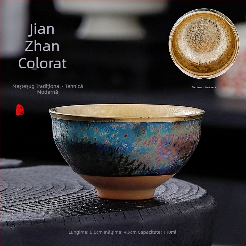 Ceainic Jian Zhan cu glazură multicoloră de paun și placare cu aur, ceramică lucrată manual, pentru uz personal, cadou