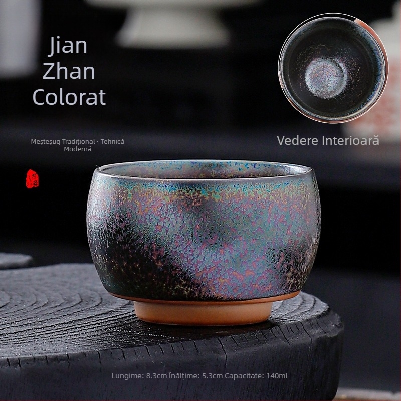 Ceainic Jian Zhan cu glazură multicoloră de paun și placare cu aur, ceramică lucrată manual, pentru uz personal, cadou
