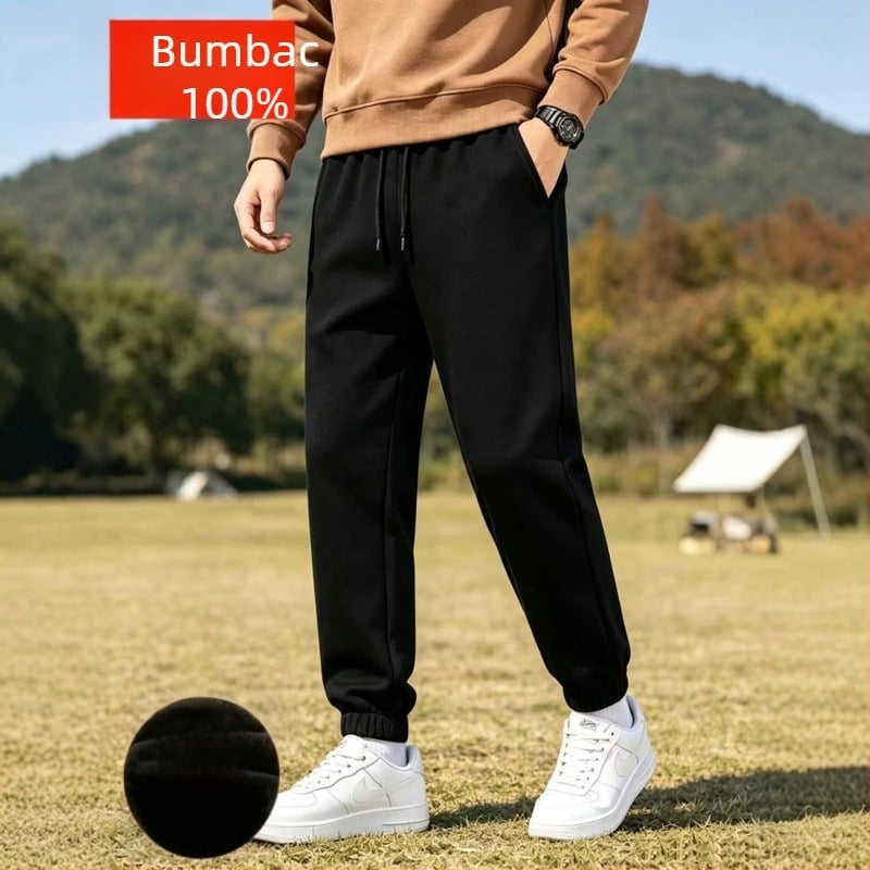 Pantaloni sport unisex din bumbac 100%, croială lejeră, terry, negri, lungi
