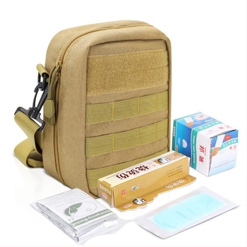 Set nou de urgență pentru familie — geantă cubică de stocare a medicamentelor cu curea, trusă de prim ajutor pentru casă și mașină, culoare camel, dimensiuni 10.1×14.9×21 cm.