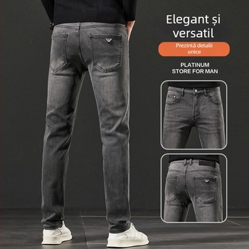 Blugi de bărbați gri fumuriu, croială dreaptă, elastici, pentru toamnă-iarnă, versatili, lux accesibil, stil european inspirat