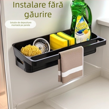 Raft de perete pentru prosoape de bucătărie, cu suport pentru bureți și poliță de scurgere