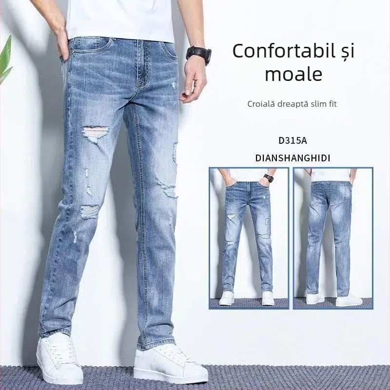 Blugi albastru deschis pentru bărbați, denim cu elastan, detalii rupte, ușori pentru vară, croială drept-slim