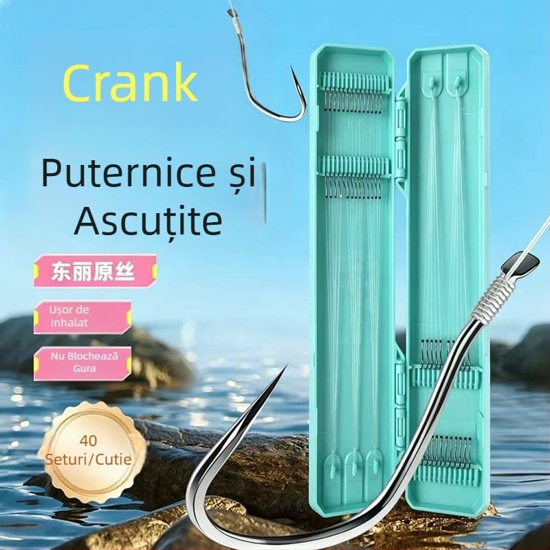 Set de 40 cârlige curb cu vârfuri ascuțite, cârlig dublu, fir scurt anti-nod, legat manual pentru tracțiune puternică