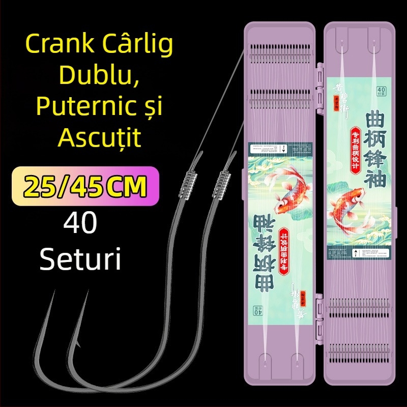 Set de 40 cârlige curb cu vârfuri ascuțite, cârlig dublu, fir scurt anti-nod, legat manual pentru tracțiune puternică