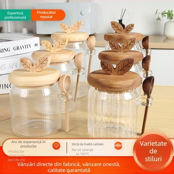Borcan rotund din sticlă cu capac din lemn și linguriță – depozitare în bucătărie pentru condimente, zahăr și boabe de cafea