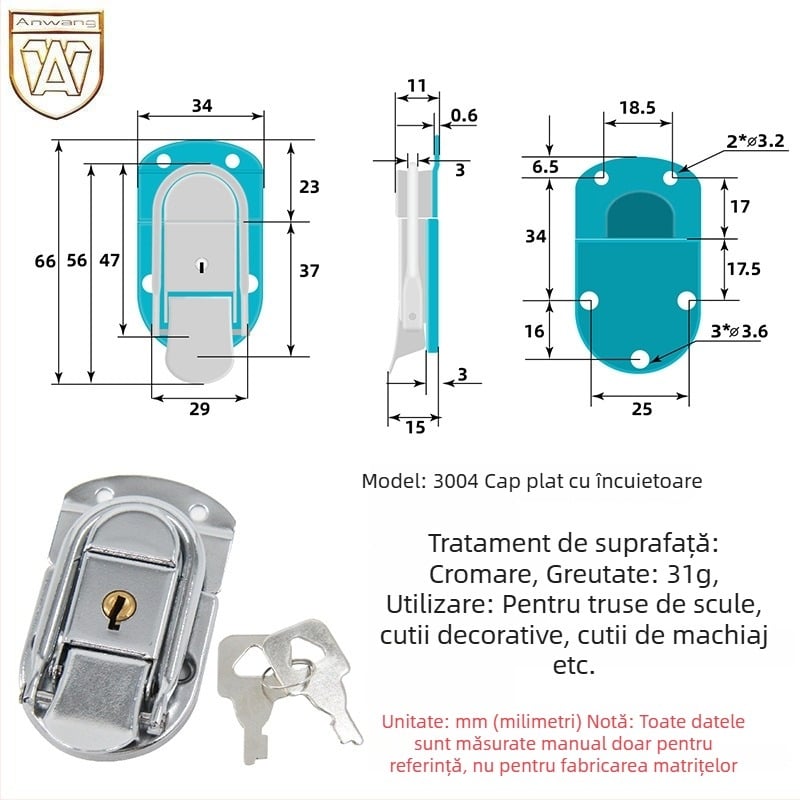 Awawang 3004 încuietoare cu cap plat pentru trusă, cutie medicală și trusă de cosmetică — cap pătrat, cu cheie