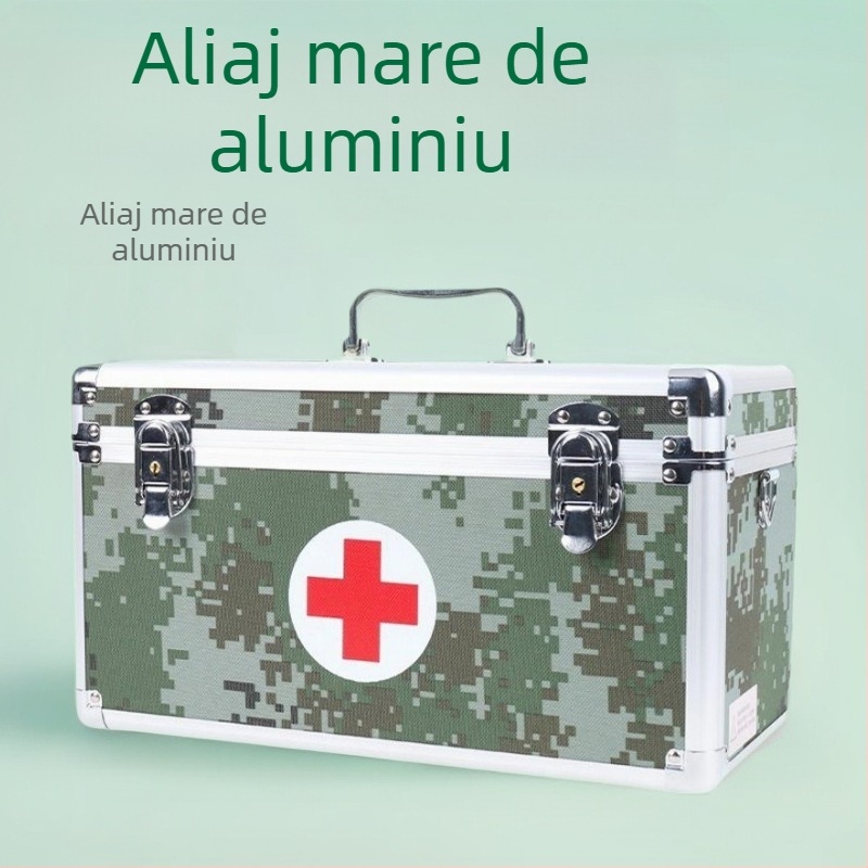 Cutie mare pentru prim ajutor din aliaj de aluminiu camuflat, 14 inch, cutie medicală de teren cu încuietoare, cu multiple compartimente (goală)