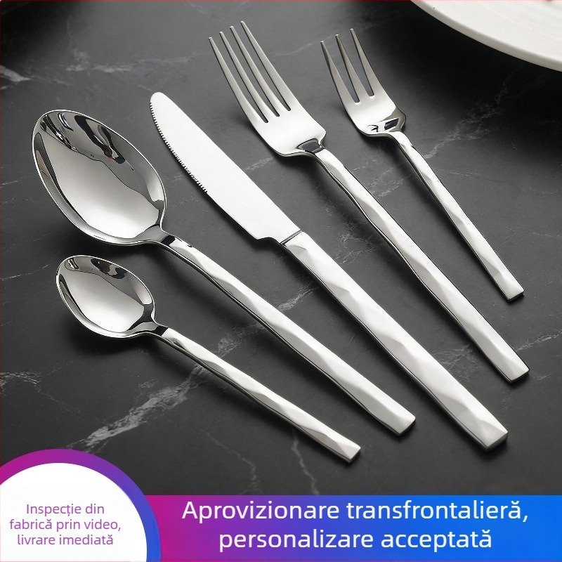 Set tacâmuri din oțel inoxidabil, cuțit de steak, furculiță și lingură, cu mâner în formă de diamant, pentru uz casnic și în hoteluri