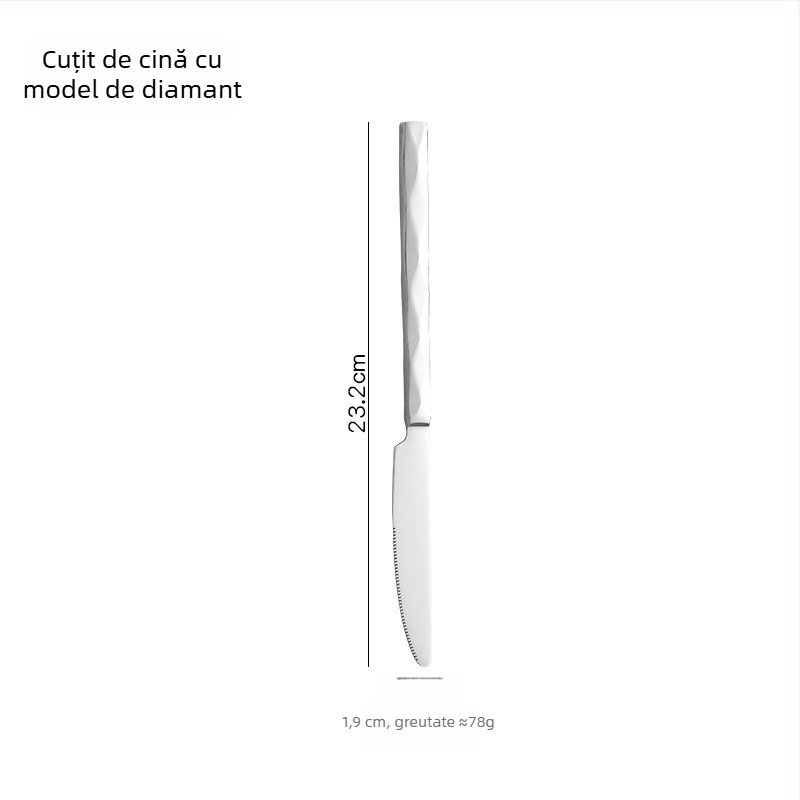 Set tacâmuri din oțel inoxidabil, cuțit de steak, furculiță și lingură, cu mâner în formă de diamant, pentru uz casnic și în hoteluri