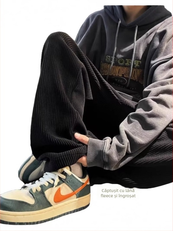 Pantaloni corduroi pentru bărbați, căptuți cu fleece, croi drept, lejer, toamnă–iarnă, pantaloni sport casual