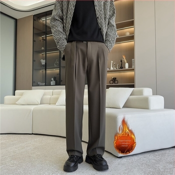 Pantaloni casual pentru bărbați, toamnă-iarnă, cu căptușeală fleece, croială dreaptă, stil minimalist