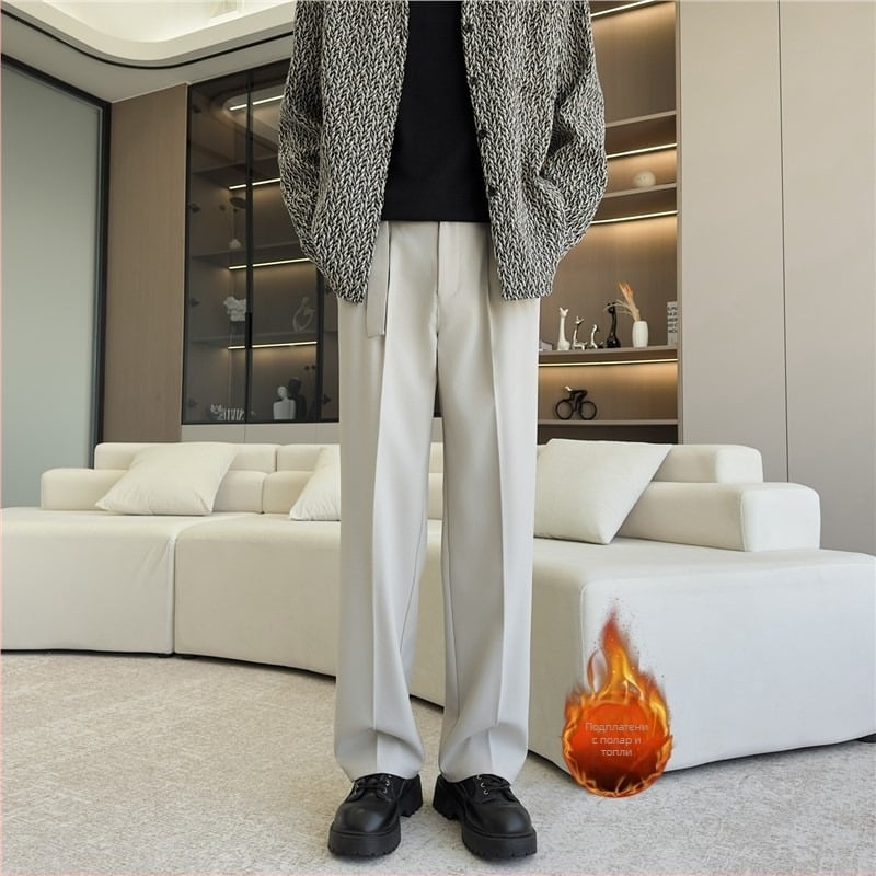 Pantaloni casual pentru bărbați, toamnă-iarnă, cu căptușeală fleece, croială dreaptă, stil minimalist