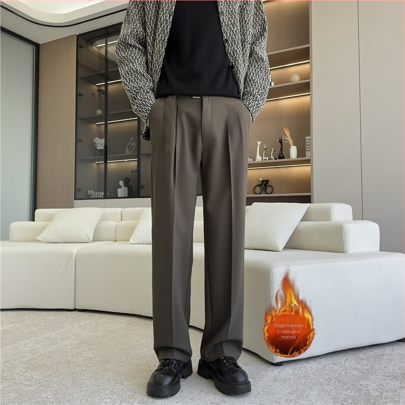 Pantaloni casual pentru bărbați, toamnă-iarnă, cu căptușeală fleece, croială dreaptă, stil minimalist