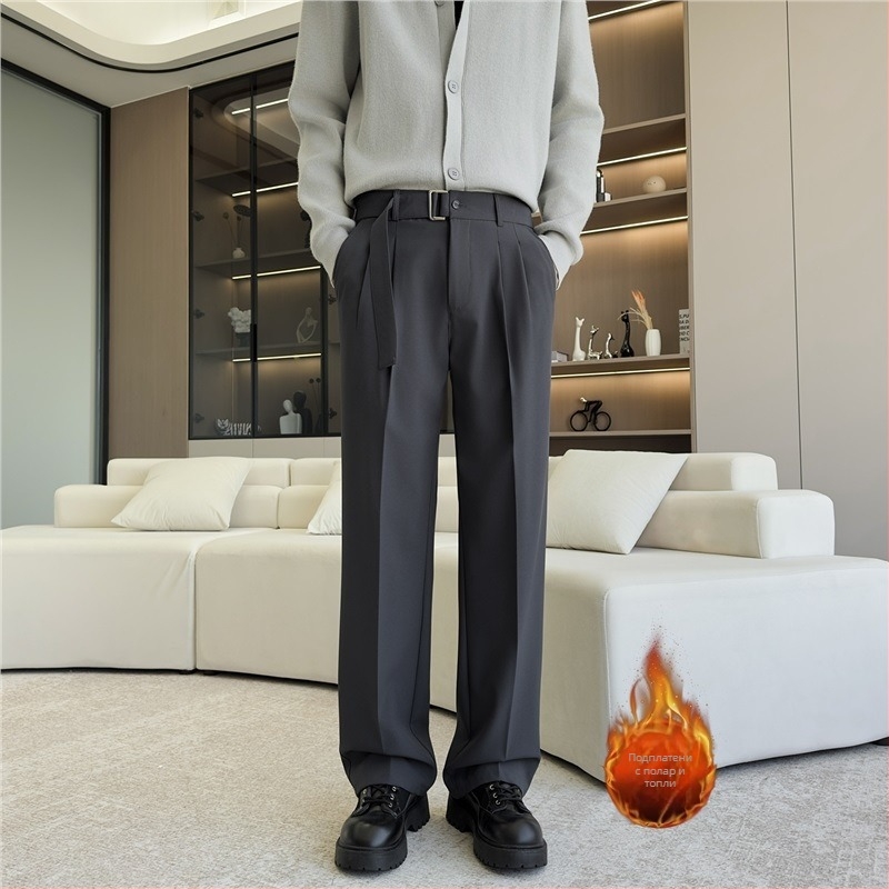 Pantaloni casual pentru bărbați, toamnă-iarnă, cu căptușeală fleece, croială dreaptă, stil minimalist