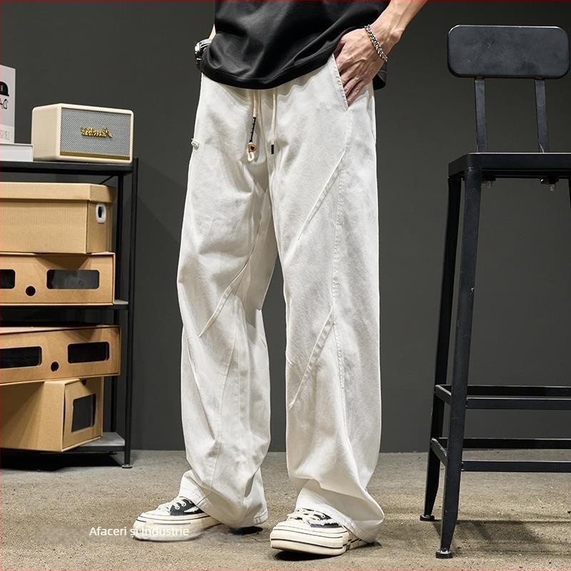 Pantaloni cargo urbani sport casual pentru bărbați, vară, croială lejeră drept, picior lat, stil retro japonez de lucru