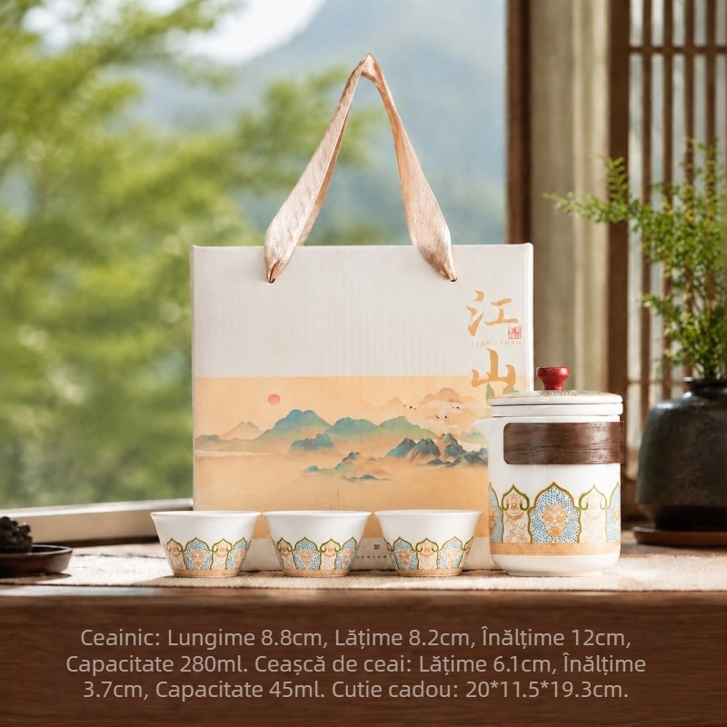 Set cadou de ceai tradițional într-o cutie, pentru călătorii — o ceainică și trei căni