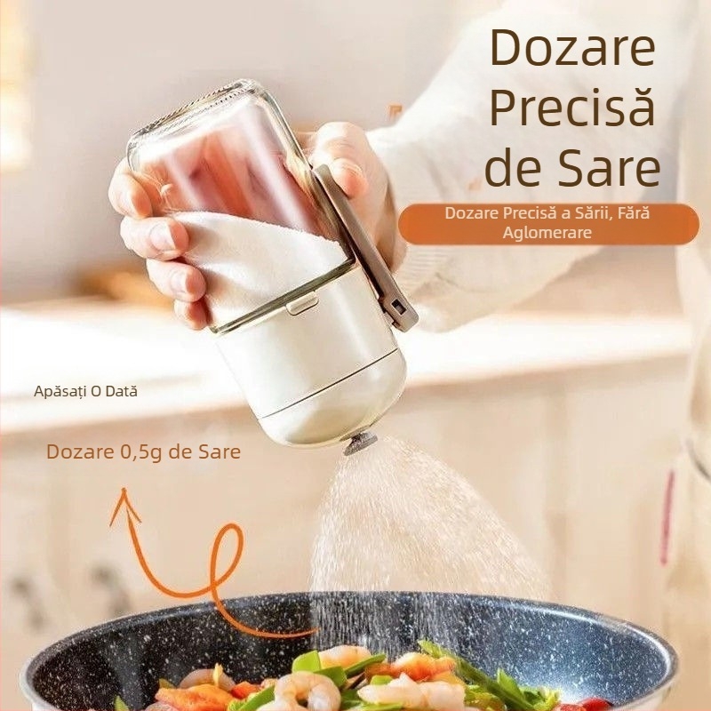 Recipient hexagonal din sticlă pentru condimente, cu dozator precis de sare și protecție împotriva umezelii