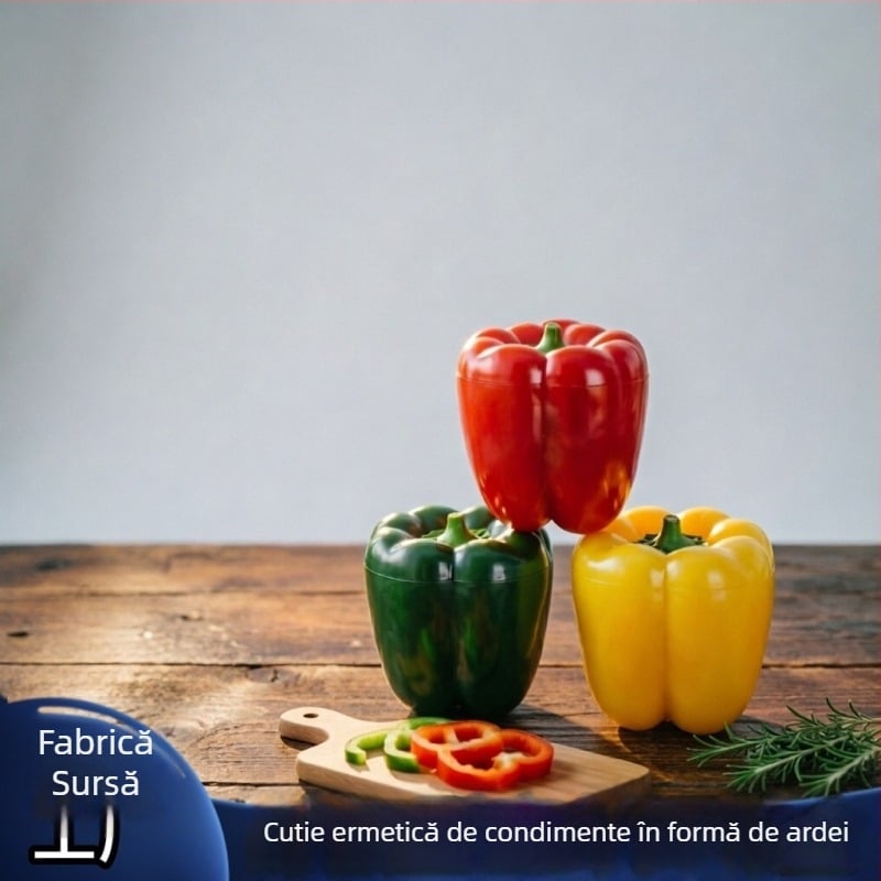 Set de recipiente pentru condimente în formă de ardei: borcănel de sare și sticluță cu chimen pentru depozitare în bucătărie.