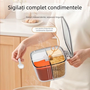 Cutie integrată pentru condimente de bucătărie cu compartimente, recipient transparent pentru sare, piper și glutamat monosodic