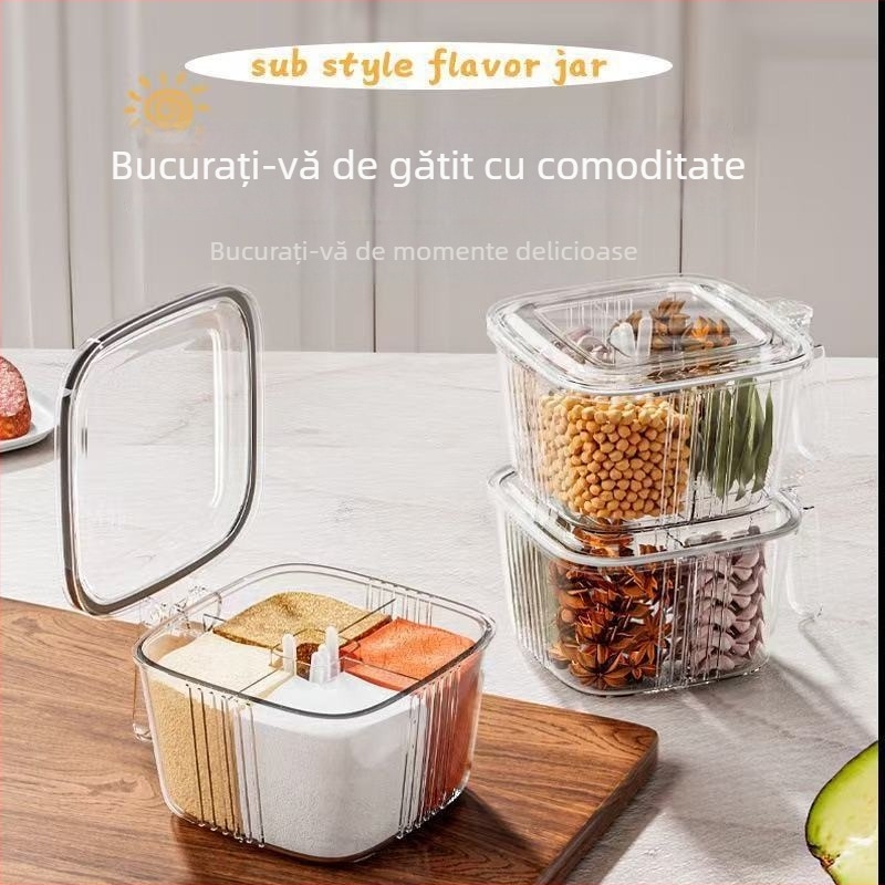Cutie integrată pentru condimente de bucătărie cu compartimente, recipient transparent pentru sare, piper și glutamat monosodic